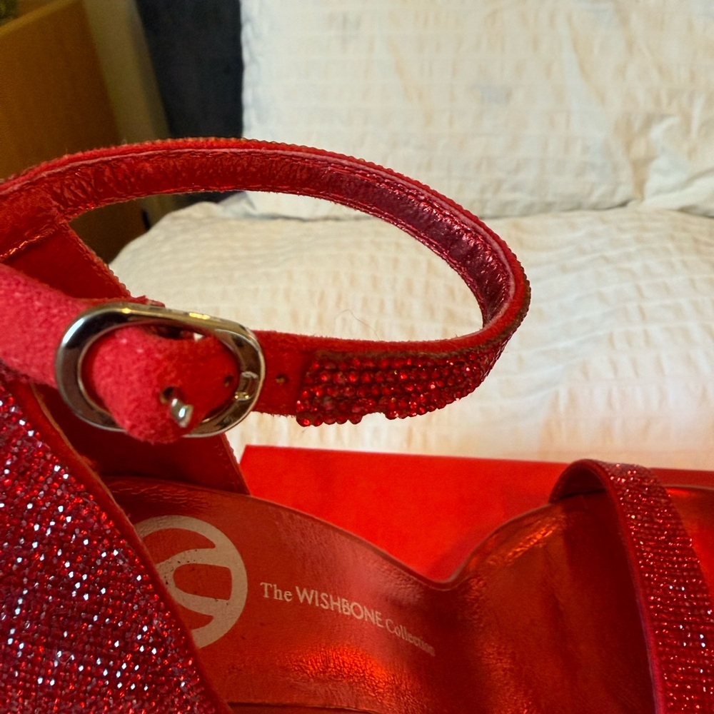 Red Rhinestone Stiletto Platform Heels with Ankle Strap | 7.5 - Picture 8 of 9